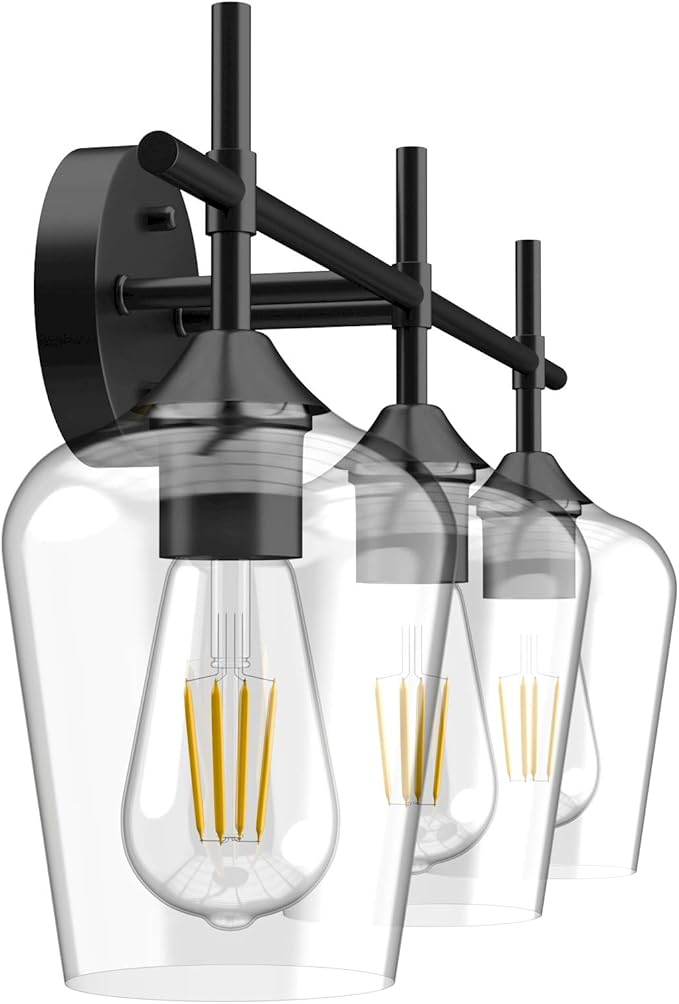 Ralbay Industrial Bathroom Vanity Light Fixtures 3-Lights Matte Black with Clear Glass Vintage Edison Wall Lamp Light Fixture for Bathroom