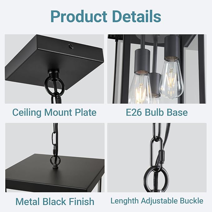 LOUSACE 3-Light Outdoor Pendant Light for Porch, 16'' Large Exterior Hanging Pendant Light Fixture Black Outdoor Chandelier with Clear Glass, Outside Porch Light for Front Door Entrance Balcony Foyer