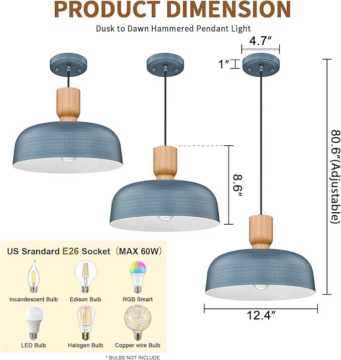 Darkaway Dusk to Dawn Industrial Pendant Light Fixtures Ceiling Hanging with Hammered Metal Shade, 2pcs Blue Pendant Light for Outdoor Porch Lighting Hanging Lamp Adjustable Height