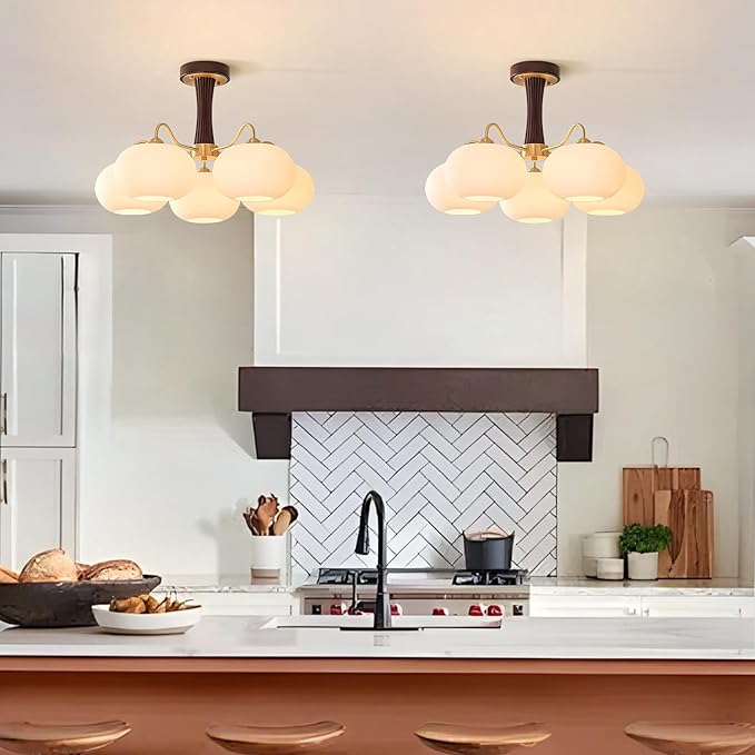 Semi Flush Mount Ceiling Light,3-Light Glass Lampshade Mid Century Ceiling Light Fixture for Bedroom Entryway Loft Kitchen Farmhouse