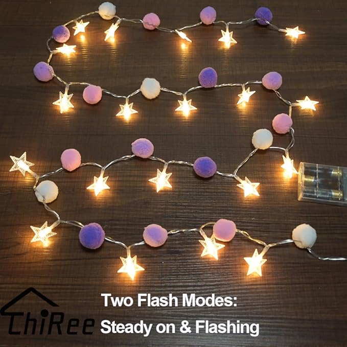 ChiRee Indoor String Lights 6.56 Feet Pom Poms Star Lights 20 LED Battery Operated String Fairy Lights Warm White Star Lights Colorful Decor Lights for Home Bedroom Kids Playhouse Holiday Christmas