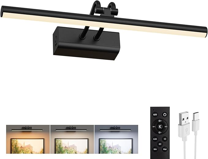 Battery Operated Picture Light for Wall, Wall Light for Living Room, 4000 mAh, 13.8'' Dimmable Art Painting Light, Remote Control, Black, Display for Gallery, Living Room, Bedroom(Black)