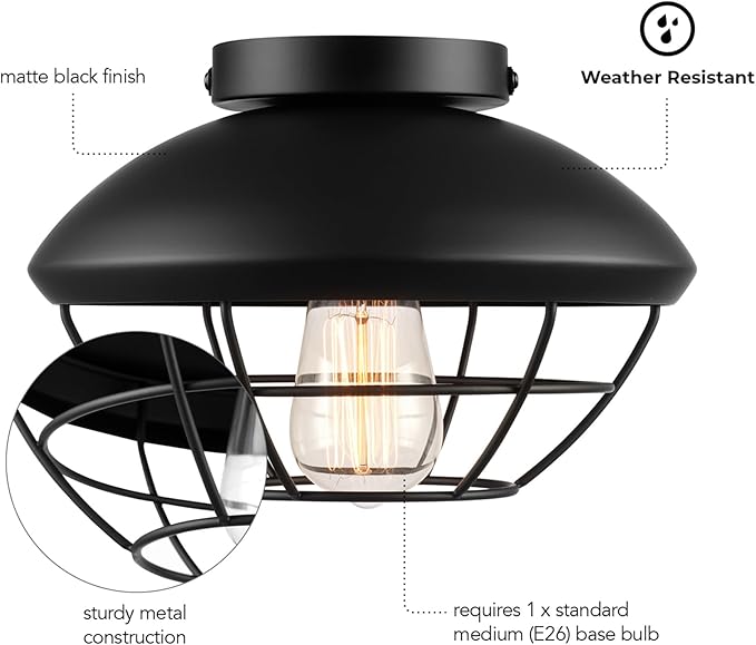 Globe Electric 60000120 1-Light Outdoor Flush Mount Ceiling Light, Matte Black Finish, Metal Cage Shade, Weather Resistant, Industrial Outdoor Ceiling Light, E26 Base