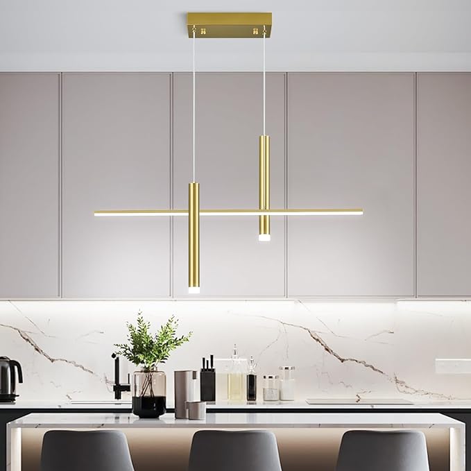 Modern LED Linear Pendant Light with Dual Spotlights Dimmable 6000K Pendant Lights Kitchen Island Gold Chandeliers for Dining Room Table Living Room Bedroom Gold(L31.5in)