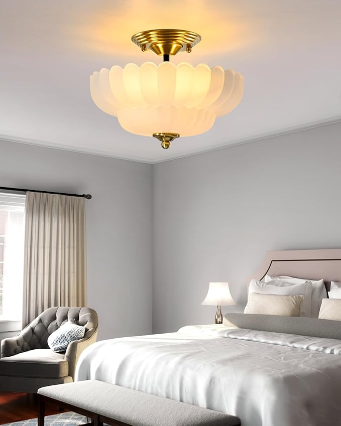 3-Light Vintage Semi Flush Mount Ceiling Light, Frosted Milk Glass Flower Shade with Gold Brass Finish, Elegant Retro Ceiling Light Fixture for Bedroom Hallway Entryway Kitchen