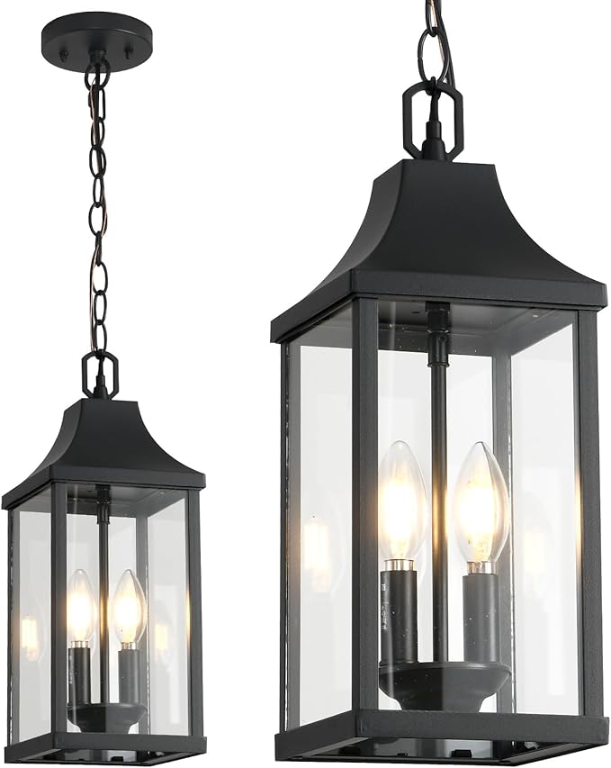 Outdoor Pendant Light Fixtures, 16'' Exterior Hanging Lantern Porch Light, Black Adjustable Hanging Lamp Farmhouse Exterior Chandelier Ceiling Mount for Entrance Patio