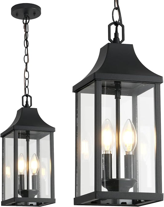 Outdoor Pendant Light Fixtures, 16'' Exterior Hanging Lantern Porch Light, Black Adjustable Hanging Lamp Farmhouse Exterior Chandelier Ceiling Mount for Entrance Patio