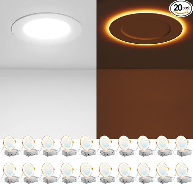 Amico 20 Pack 4 Inch 5CCT LED Recessed Ceiling Light with Night Light, 2700K/3000K/3500K/4000K/5000K Selectable Ultra-Thin Recessed Lighting, 10W=90W, 700LM, Dimmable Canless Wafer Downlight - ETL&FCC