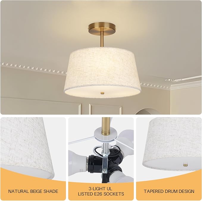 Cone-Shaped Semi Flush Mount Modern Ceiling Light Fixture, 3-Light Drum Lamp with Gold Brass Finish and Beige Fabric Shade for Bedroom, Kitchen, Dining Room, Hallway, Entryway, and Foyer