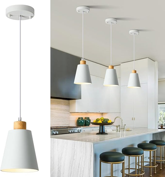 Mini Pendant Light Fixtures White Wood Pendant Lighting for Kitchen Island 7.87in Cone Modern Ceiling Hanging Lights Hollow Shade Nordic Island Light for Counter, Bar, Hallway