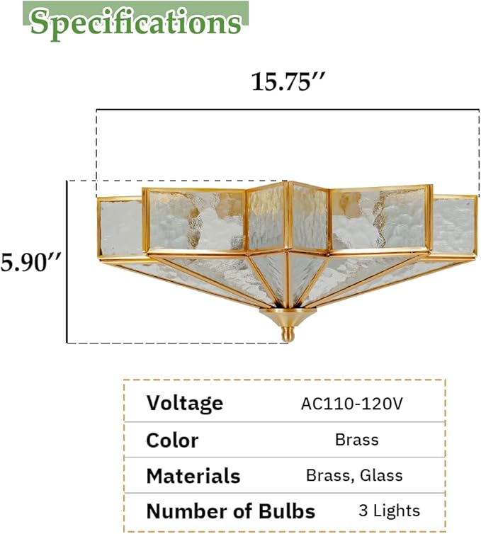 Brass Flush Mount Ceiling Light with Ceramic Light Socket, Star Shaped Ceiling Light Fixture, Mid Century Glass Ceiling Mount Lamp for Entryway, Hallway, Nursery (Rippled Glass, 15.7")