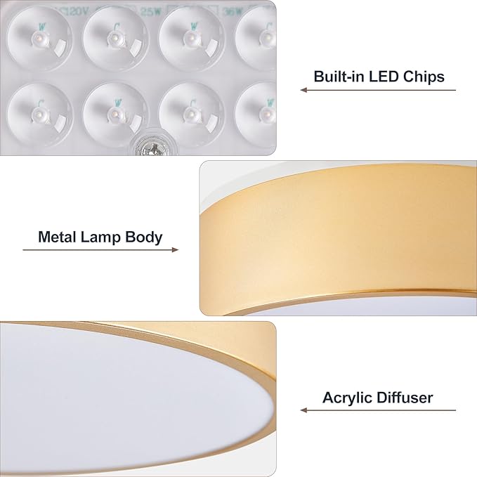 YURNYQ Dimmable Gold LED Flush Mount Ceiling Lights, Modern 5CCT 2700K-6000K Close to Ceiling Light, Minimalist Round Kitchen Lighting Fixtures for Bedroom Hallway Entryway Laundry Room, 11.8 Inch