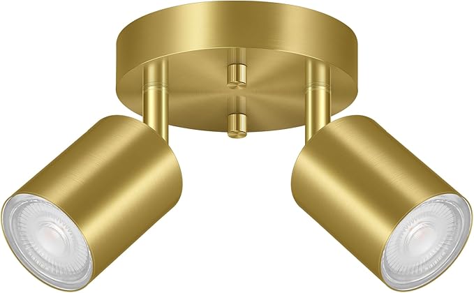 2 Light Track Lighting Fixtures Ceiling, Gold Round Directional Ceiling Spotlight, GU10 Flush Mount Ceiling/Wall Fixture, Adjustable Modern LED Track Lights for Kitchen/Living Room, Bulb Not Included