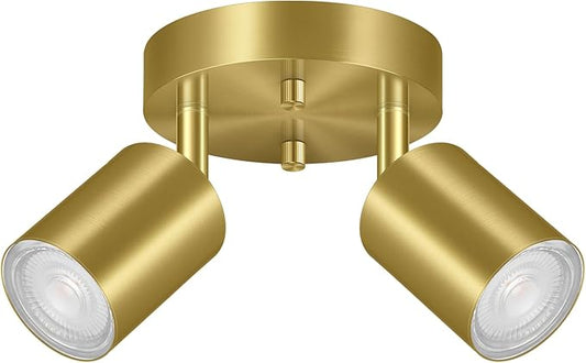 2 Light Track Lighting Fixtures Ceiling, Gold Round Directional Ceiling Spotlight, GU10 Flush Mount Ceiling/Wall Fixture, Adjustable Modern LED Track Lights for Kitchen/Living Room, Bulb Not Included
