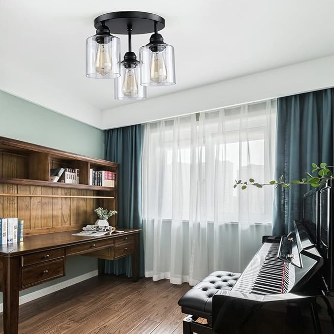 3-Lights Industrial Semi Flush Mount Ceiling Light, Vintage Light Fixture with Clear Seeded Glass Shade