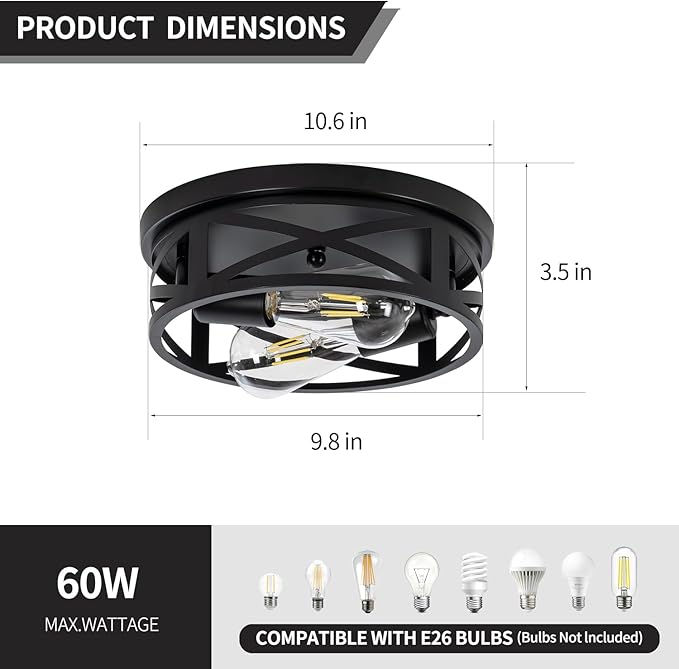 Hallway Ceiling lamp, 11 inch Farmhouse Metal cage Style,Suitable for Corridors, Entrances, Balconies, Kitchens,etc,Adjustable lamp Holders, 2 pcs, 6000K Cold White lamp (Black)