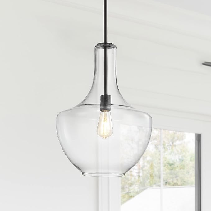 JONATHAN Y 13.25" Oil Rubbed Bronze/Clear Mid-Century Modern 1-Light LED Pendant Light Fixture, Adjustable Schoolhouse Hanging Lamp for Kitchen Island, Clear Glass Shade, LED Bulb Included (JYL6401B)