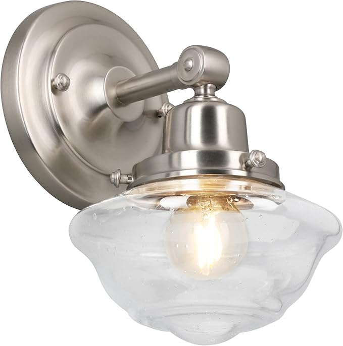 Design House Vintage-Inspired Schoolhouse Wall Sconce, 6.625 in x 7.625 in x 9.5 in, Satin Nickel, Clear Seeded Glass Shade, 589127-SN