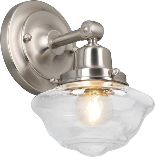 Design House Vintage-Inspired Schoolhouse Wall Sconce, 6.625 in x 7.625 in x 9.5 in, Satin Nickel, Clear Seeded Glass Shade, 589127-SN