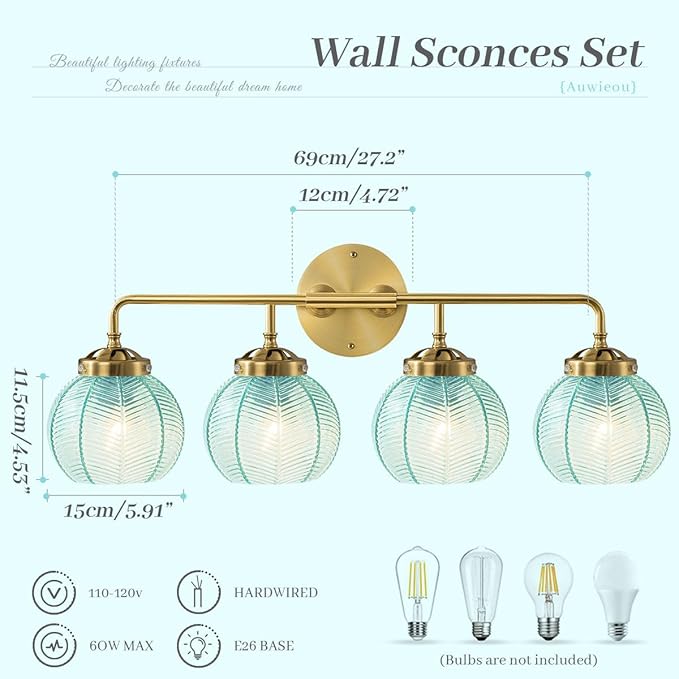 4 Light Gold Bathroom Lights Over Mirror, Vintage Wall sconces with Blue Glass Shade Bathroom Vanity Light mid Century Modern Wall Sconce Glass Wall Lighting Fixture for Bedroom Living Room
