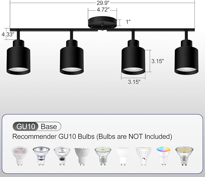 4-Light Led Track Lighting,Black Ceiling Lighting Fixtures,Wall Sconces Ceiling Spotlight with Foldable Light Arms for Kitchen, Closet, Bedroom,GU10 Socket, Bulbs Not Included