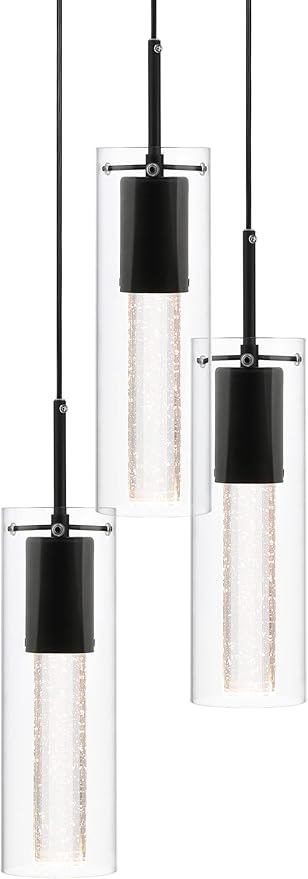 XiNBEi Lighting Pendant Light, Modern 3 Light Cluster Kitchen Island Pendant Lighting with LED Bulb & Bubble Crystal, Matte Black Finish XB-P1110-3-MB