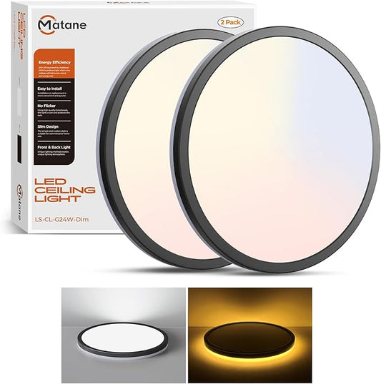 Matane 2Pack LED Flush Mount Ceiling Lights with Night Light, 12inch 24W Dimmable Ceiling Light Fixture 3000K/4000K/5000K Selectable, Black Flushmount Light for Bedroom, Kitchen, Laundry Room