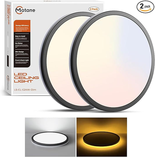 Matane 2Pack LED Flush Mount Ceiling Light Fixture with Night Light, 12inch 24W 2400LM 3000K/4000K/5000K Selectable, Dimmable LED Ceiling Lights for Bedroom, Dining Room, Kitchen, Round Black