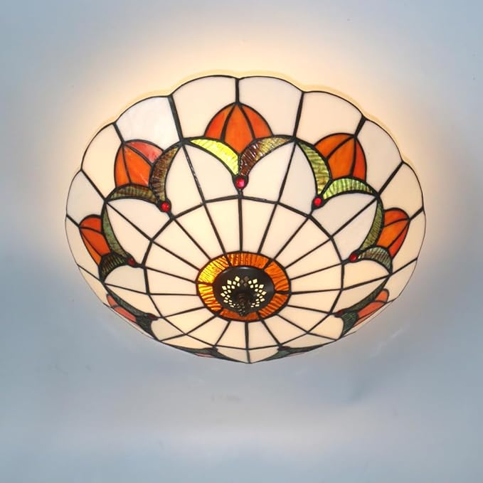 Tiffany Style Ceiling Light 16 Inch Stained Glass Flush Mount Ceiling Light for Bedroom Chandelier Vintage Pendent Light Fixtures (16 Inch White Orange)