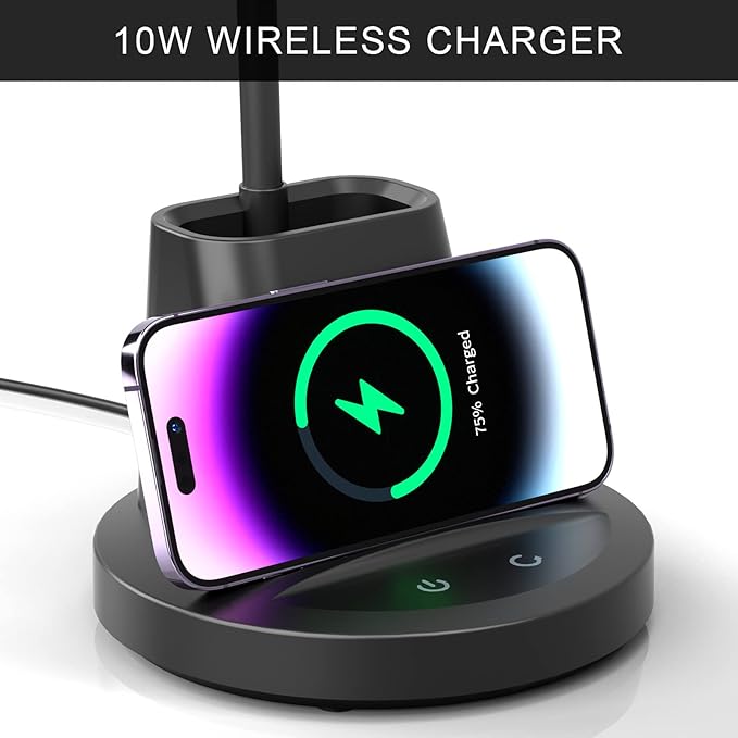 LED Desk Lamps with Pen Holder, Desk Lamp with Wireless Charger, Dimmable Touch Control Lamp with 3000k 4000k 5000k 3 Color Modes Adjustable, Black, Round Shaped