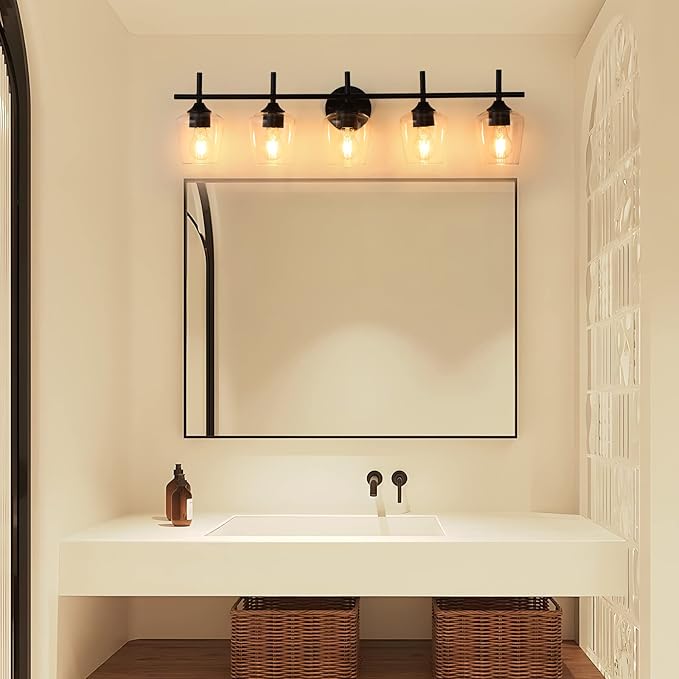 Bathroom Light Fixtures 5-Light Brushed Nickel Vanity Light with Clear Glass Shade, Modern Wall Lights for Bedroom Hallway Living Room (Black, 5-Light)