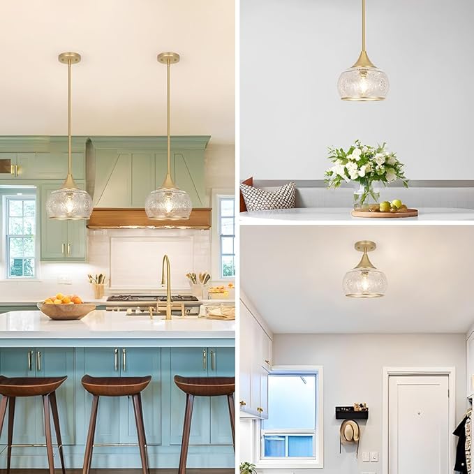 Gold Pendant Light - Modern Pendant Lights Kitchen Island with Handblown Glass, Vintage Hanging Light for Kitchen with Adjustable Height, Lithging Fixture for Dining Room Sink
