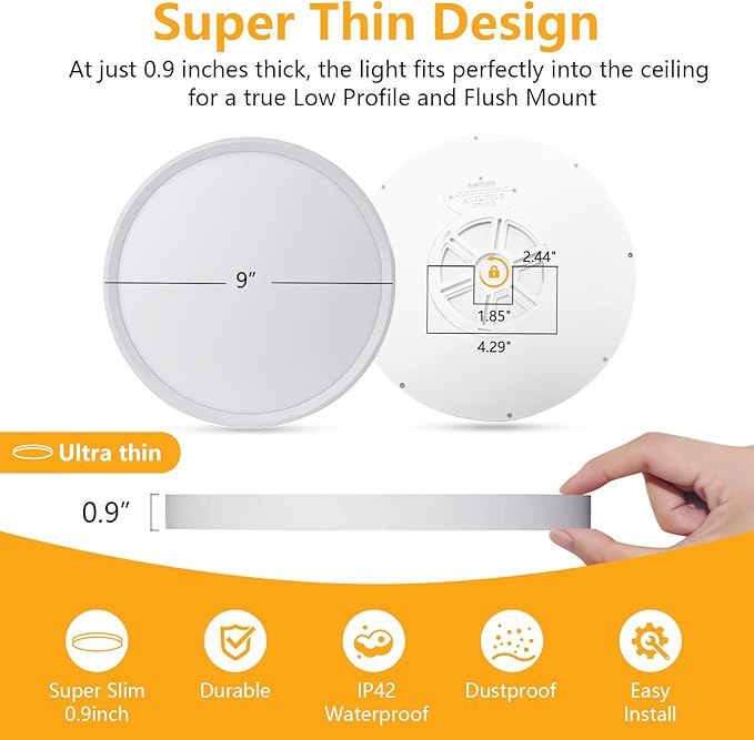 Led Flush Mount Ceiling Light,9 Inch 18w 1860lm,3000k/4000k/6000k 3CCT Selectable, Round Modern Flat Panel Super Slim Led Ceiling Light,for Living Dining Kitchen Bedroom Room (6Pack-White)