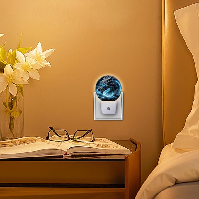 Round LED Night Lights Lamp with Dusk to Dawn Sensor, Fierce Dragon with Glowing Blue Eyes Night Light Plug Into Wall for Kids Room, Bedroom, Bathroom, Kitchen, Hallway