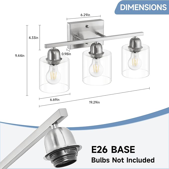 Modern Brushed Nickel 3 Light Bathroom Light Fixtures,19 inch Vanity Lights for Bathroom with Clear Glass Over Mirror for Mirror Kitchen Living Room