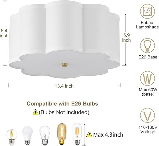 13.4"Semi Flush Mount Ceiling Light Fixture, 3-Light Modern Close to Ceiling Light With Fabric Flower-Shaped Shade, Light Fixtures Ceiling Mount for Bedroom Nursery Kids Room Living Room(Gold)