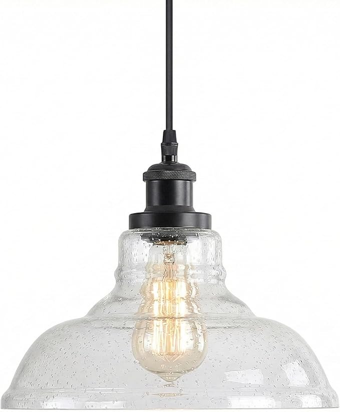GLADFRESIT Industrial Pendant Lights, Vintage Hanging Light Over Table, Black Bubble Dome Glass Lampshade, Black Lamp Head and Base, Adjustable Hanging Height Lighting Fixtures.