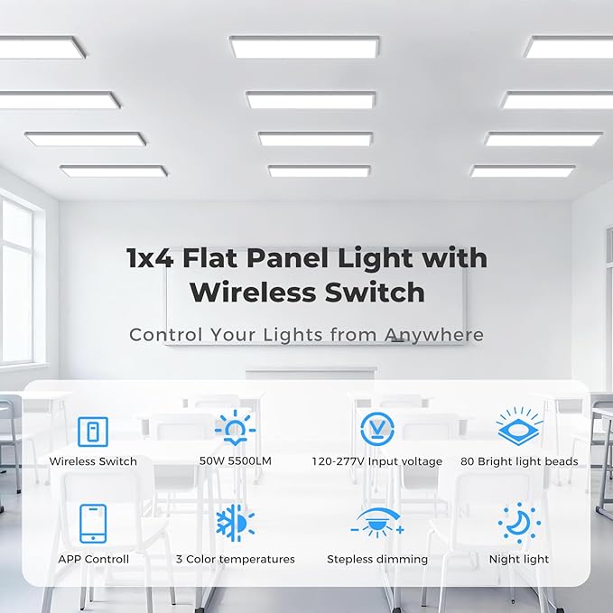 AIKVSXER 30 Pack 1x4 FT LED Flat Panel Light Surface Mount, with Wireless Switch & App Control, Night Mode, 50W 5500LM, 3000K/4000K/6500K, Ultra-Thin LED Light for Office Home,120-277V - White