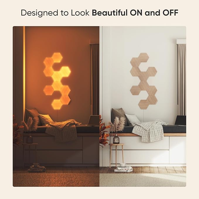 Nanoleaf Elements Wood Look Smart Wall Lights, Hexagon LED Wall Lights work with Alexa Google Assistant, Home Wall Decor for Living Room with Music Sync, Touch Control, Ambient White 1500-4000K, 13 PK