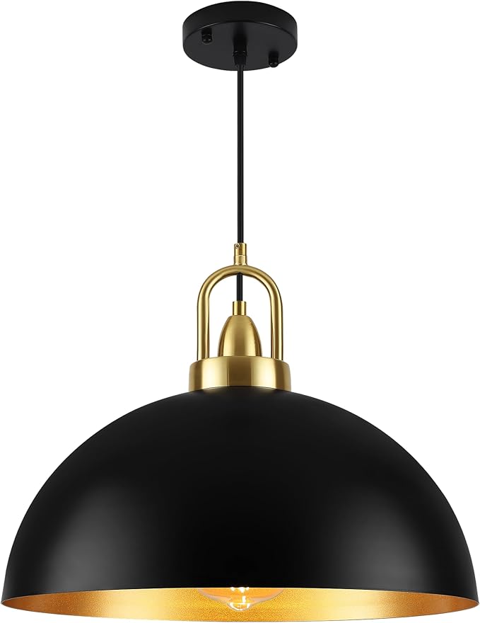 16'' Black Dome Pendant Light, Modern Farmhouse Pendant Light Fixture, Large Hanging Ceiling Pendant Lighting for Kitchen Island Dining Room Foyer Hallway Bar Cafe