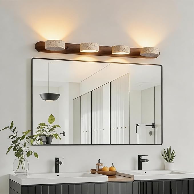 LED Bathroom Vanity Light, Travertine Stone Light Fixture, 360° Rotatable Stone Lampshades, Modern Rustic Wall Lamp for Bedroom, Living Room, Hallway (Walnut Wood-4 Lights)