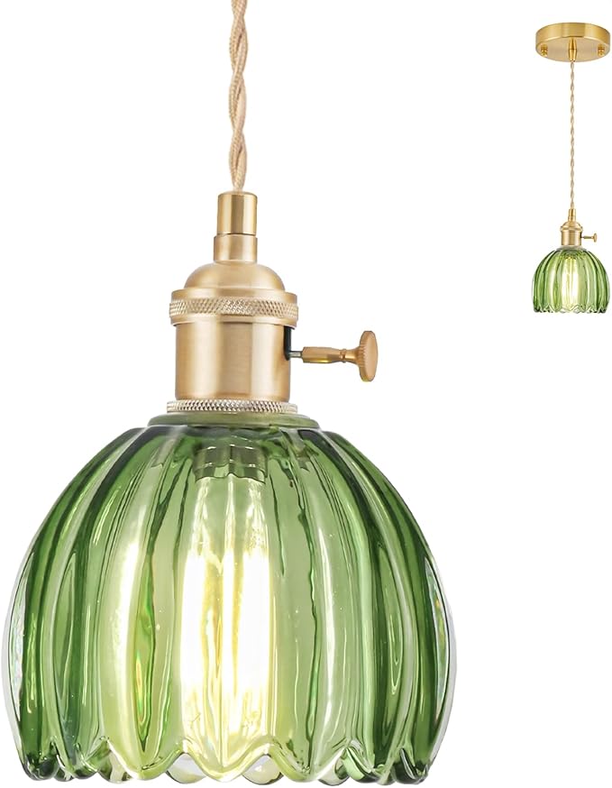Mini Pendant Lights Kitchen Island, Small Adjustable Pendant Light Fixture with Green Tulip Glass Lampshade, Vintage Gold Pendant Lighting, Pendant Light for Bedroom Dining Room Hallway