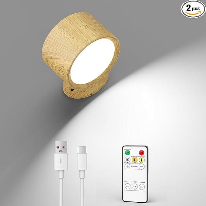 LED Wall Mounted Lights 2 Pcs with Remote, Rechargeable Wall Sconce with 3 Color Temps & Dimmable Magnetic 360° Rotation Cordless Light for Bedroom Reading Bedside (Wood, 1 Pack)