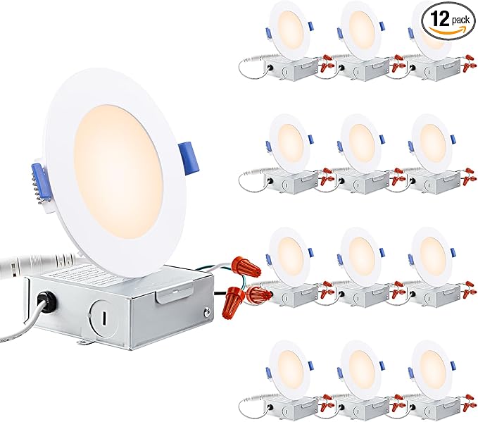 TORCHSTAR Basic Series 12-Pack 4 Inch Ultra-Thin LED Recessed Lighting with Junction Box, Aluminum, 2700K Soft White, 5%-100% Dimmable Slim Recessed Downlight, 10W 700LM, ETL and Energy Star