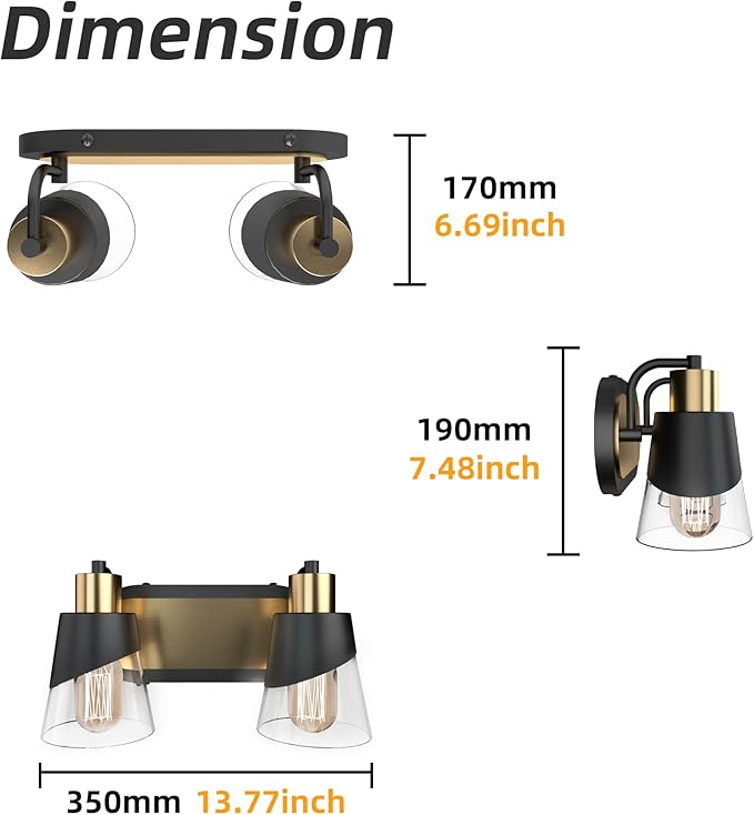 URSOLA 2 Lights Bathroom Vanity Light, Bathroom Lighting Fixtures Over Mirror, 13.8 inch Bathroom Light Fixtures Black and Gold with Bevelled Edge and Clear Glass Shade Wall Lamp