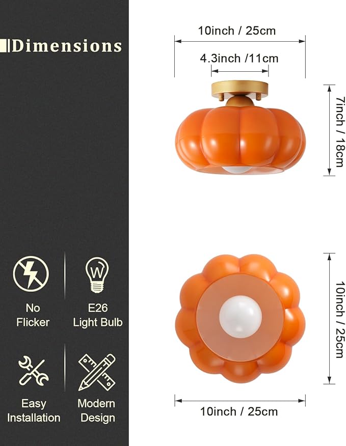Vintage Semi Flush Mount Ceiling Light,Mid Century Modern Ceiling Light Fixtures,10 Inch Orange Glass Shade with a Gold Base,for Bedroom, Kitchen, Hallway, Entryway, and Balconie