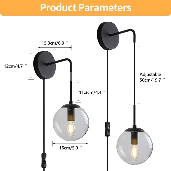 KUZZULL Wall Sconces Set of Two Black Plug in Wall Sconces Set of 2 with Globe Clear Glass Shade Wall Lights Wall Lamps for Bedrooms Sconces Wall Decor Set of 2 with Plug in Cord Switch for Bedside