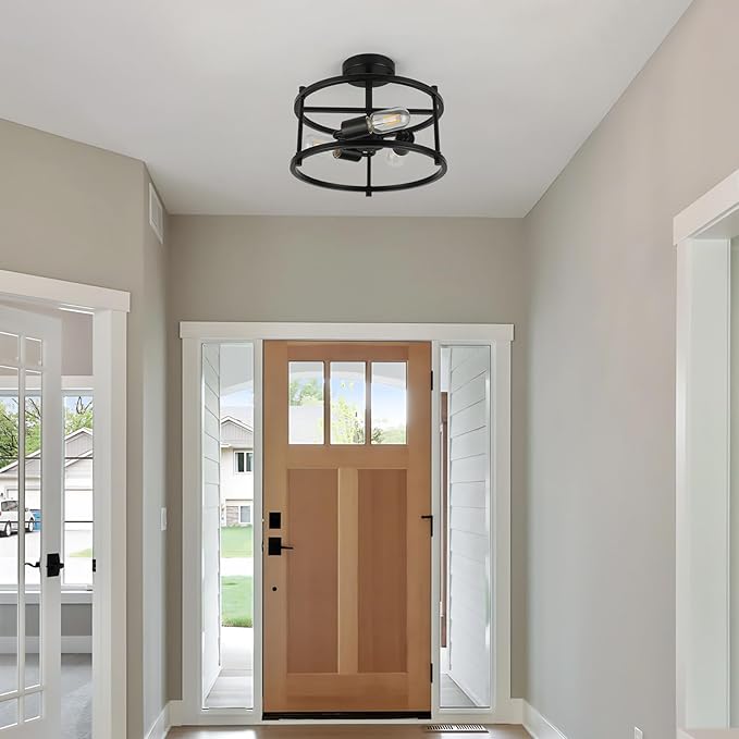 Semi Flush Mount Ceiling Light 12.59'' Farmhouse Black Ceiling Light Fixtures Industrial Kitchen Light Fixtures 3-Light Metal Cage Ceiling Lights for Bedroom, Living Room, Hallway, Foyer