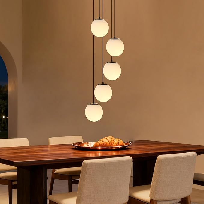 Modern Globe Cluster Chandeliers, 5 Lights White Glass Pendant Light Multi Cluster Pendant Lighting Mid Century Chandelier for Living Room Staircase Foyer Entryway, Black