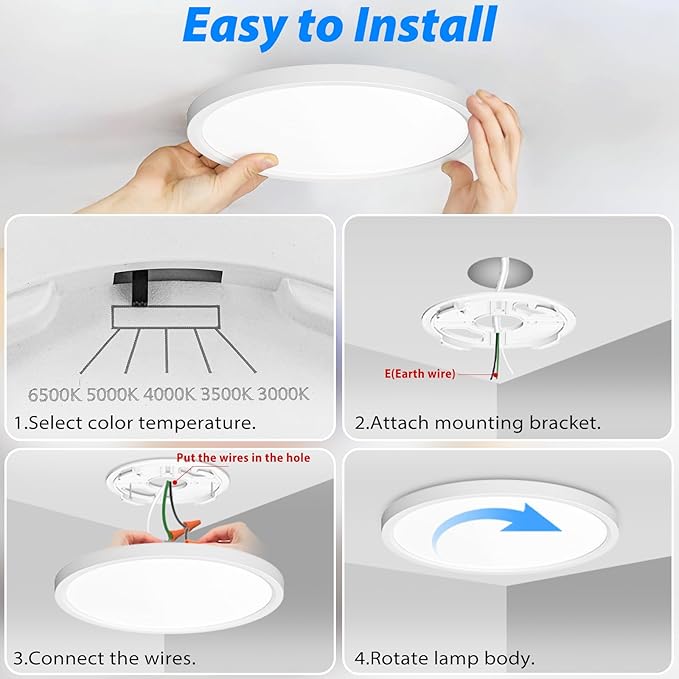 Peasur 7 inch LED Ceiling Light, 3000K/3500K/4000K/5000K/6500K Adjustable Flush Mount Light Fixture,1500LM 15W Thin White Round Lamp for Hallway Kitchen Bathroom Bedroom, 2Pack